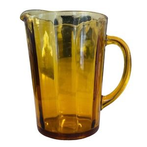 Vintage Amber Pressed Glass Pitcher 2 Quart Ribbed Pattern 8" Tall